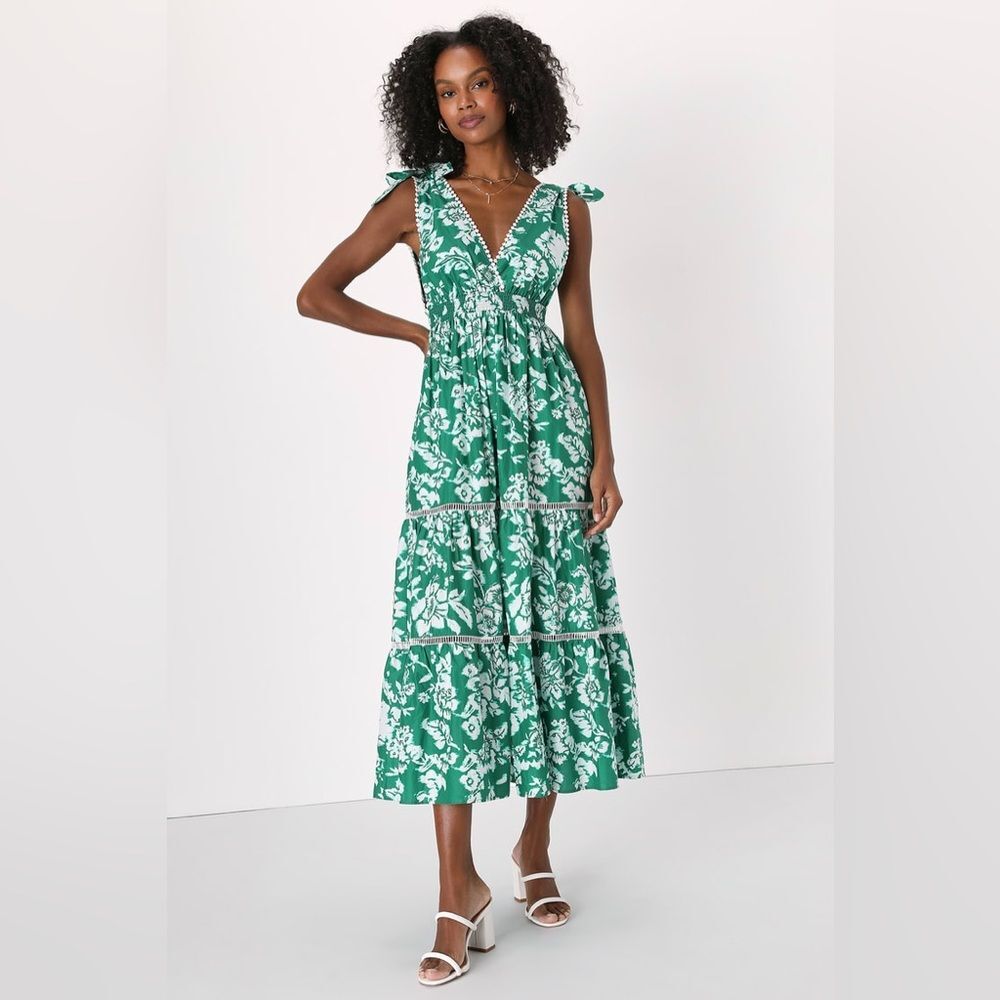 Lulus Sweet Spectacle Green Floral Tie-Strap Boho Wedding Party Maxi Dress S - Picture 5 of 13